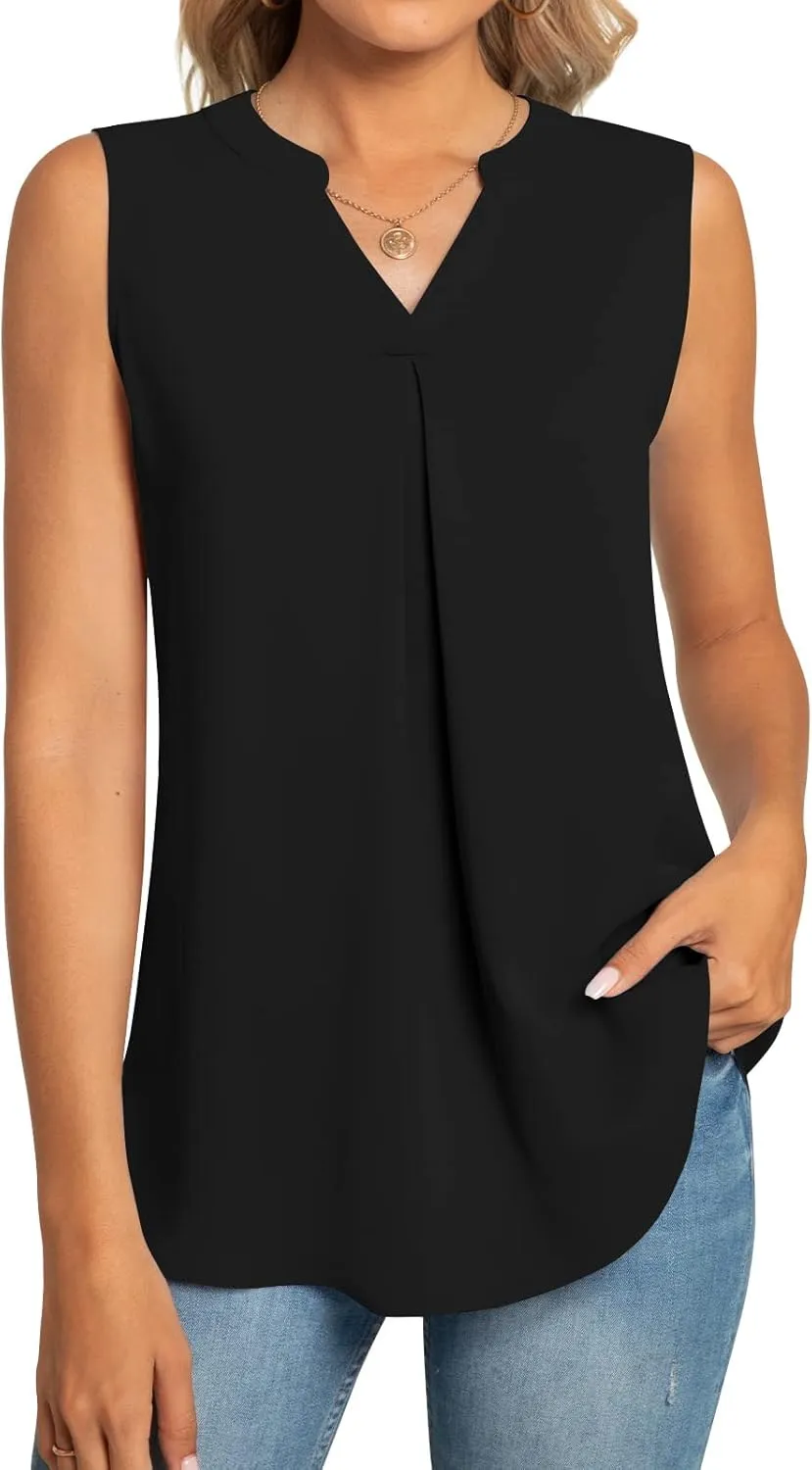 Anyhold Women's Chiffon Tank Tops Sleeveless V Neck Blouse Dressy Casual Tops Office Work Shirts