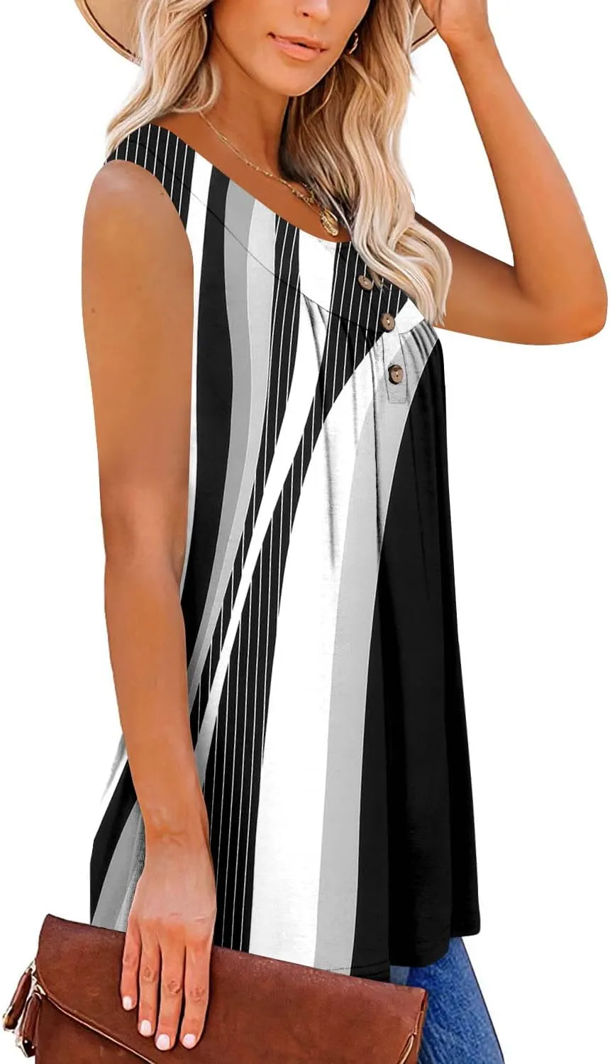 BETTE BOUTIK Womens Sleeveless Tunics Henley Shirts V-Neck Button Down Blouse Tank Tops Casual Pleated Basic