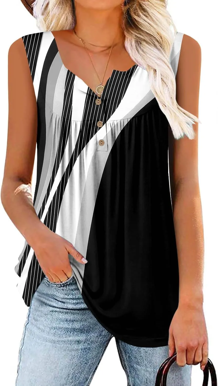 BETTE BOUTIK Womens Sleeveless Tunics Henley Shirts V-Neck Button Down Blouse Tank Tops Casual Pleated Basic