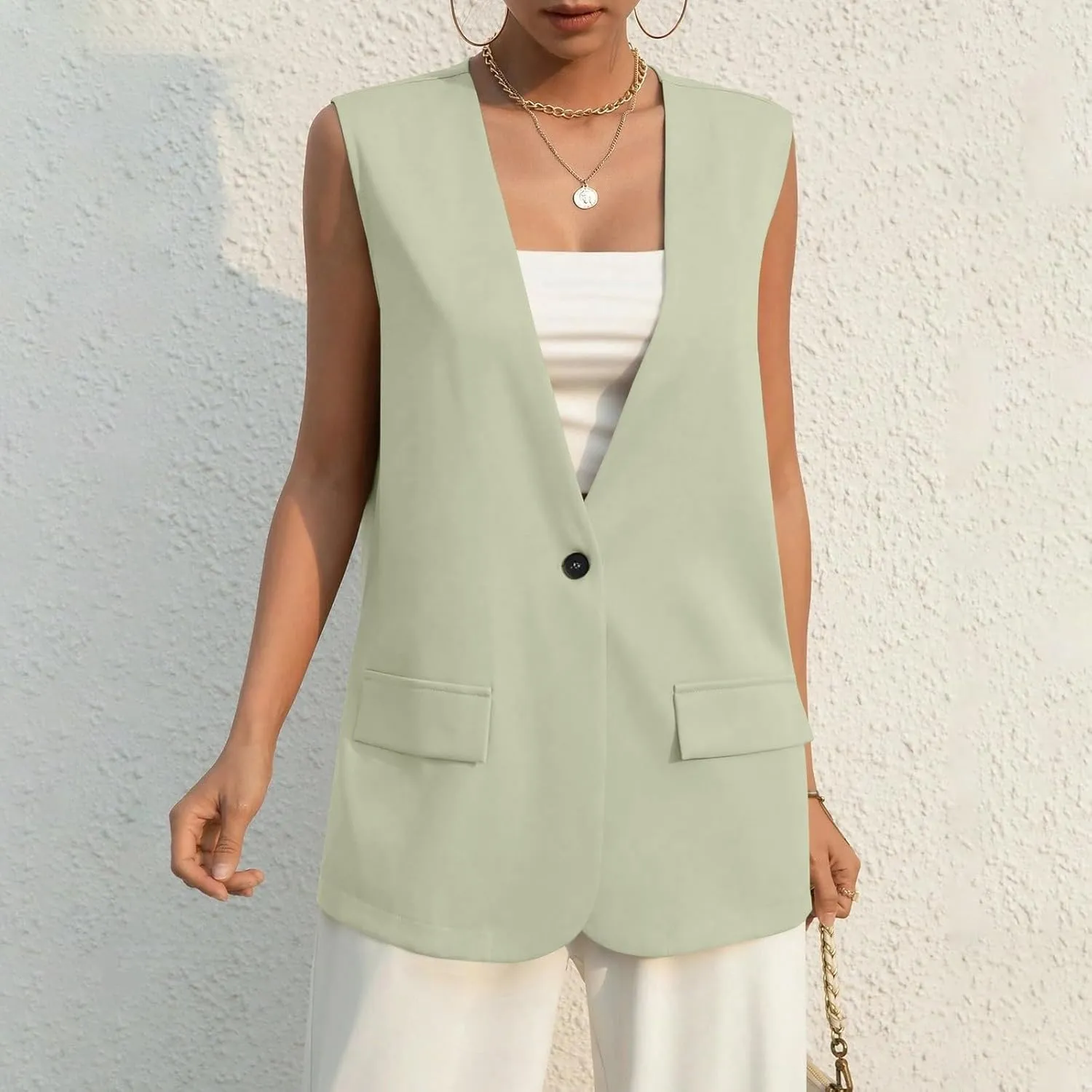 Button Suit Vest Women 2024 Collarless Sleeveless Blazer Jackets Loose Fashion Casual Open Front Vest Pockets