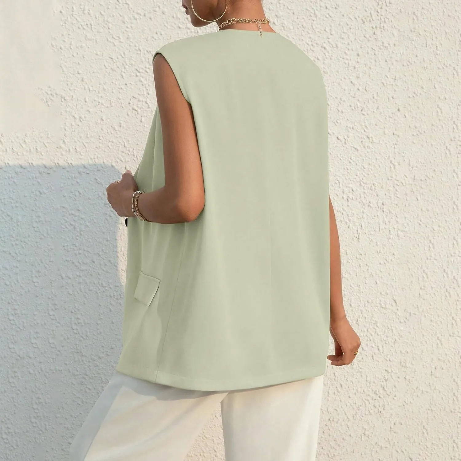 Button Suit Vest Women 2024 Collarless Sleeveless Blazer Jackets Loose Fashion Casual Open Front Vest Pockets