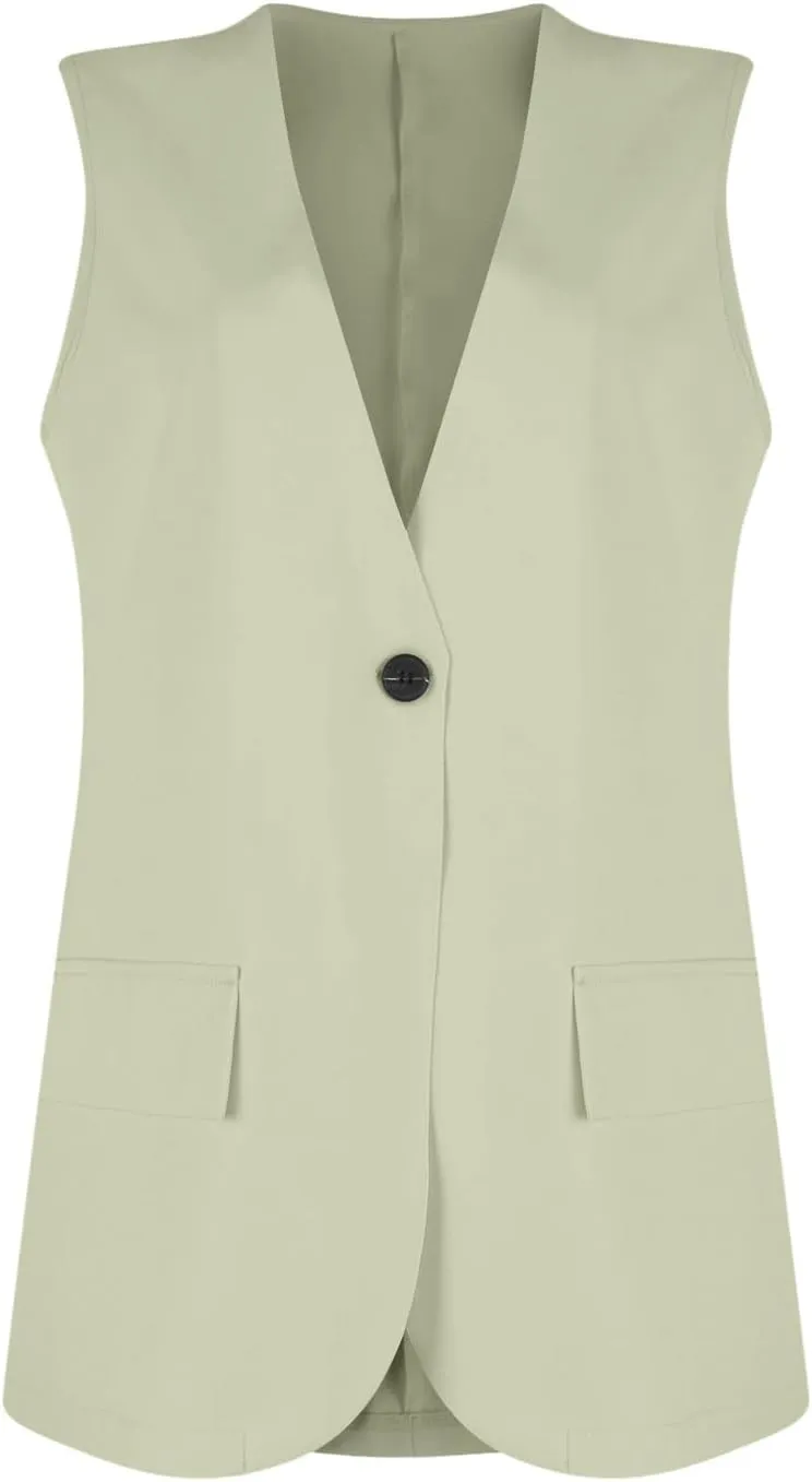 Button Suit Vest Women 2024 Collarless Sleeveless Blazer Jackets Loose Fashion Casual Open Front Vest Pockets