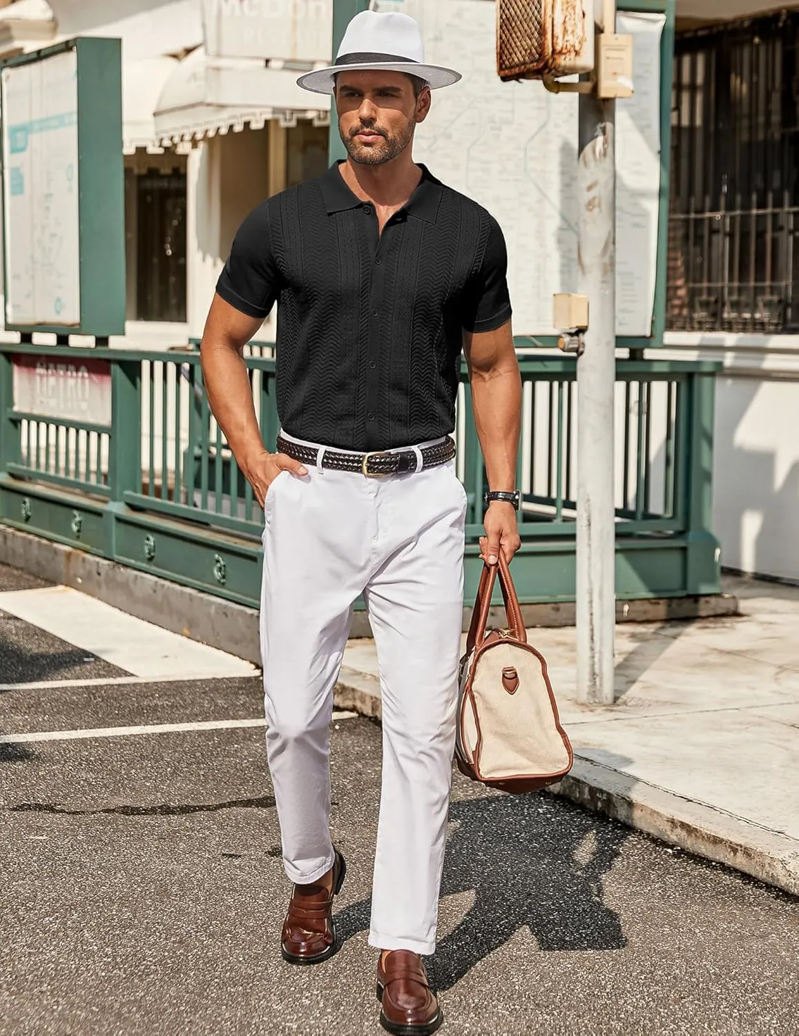 COOFANDY Mens Knit Button Down Shirt Short Sleeve Summer Casual Shirts Vintage Beach Vacation Shirts