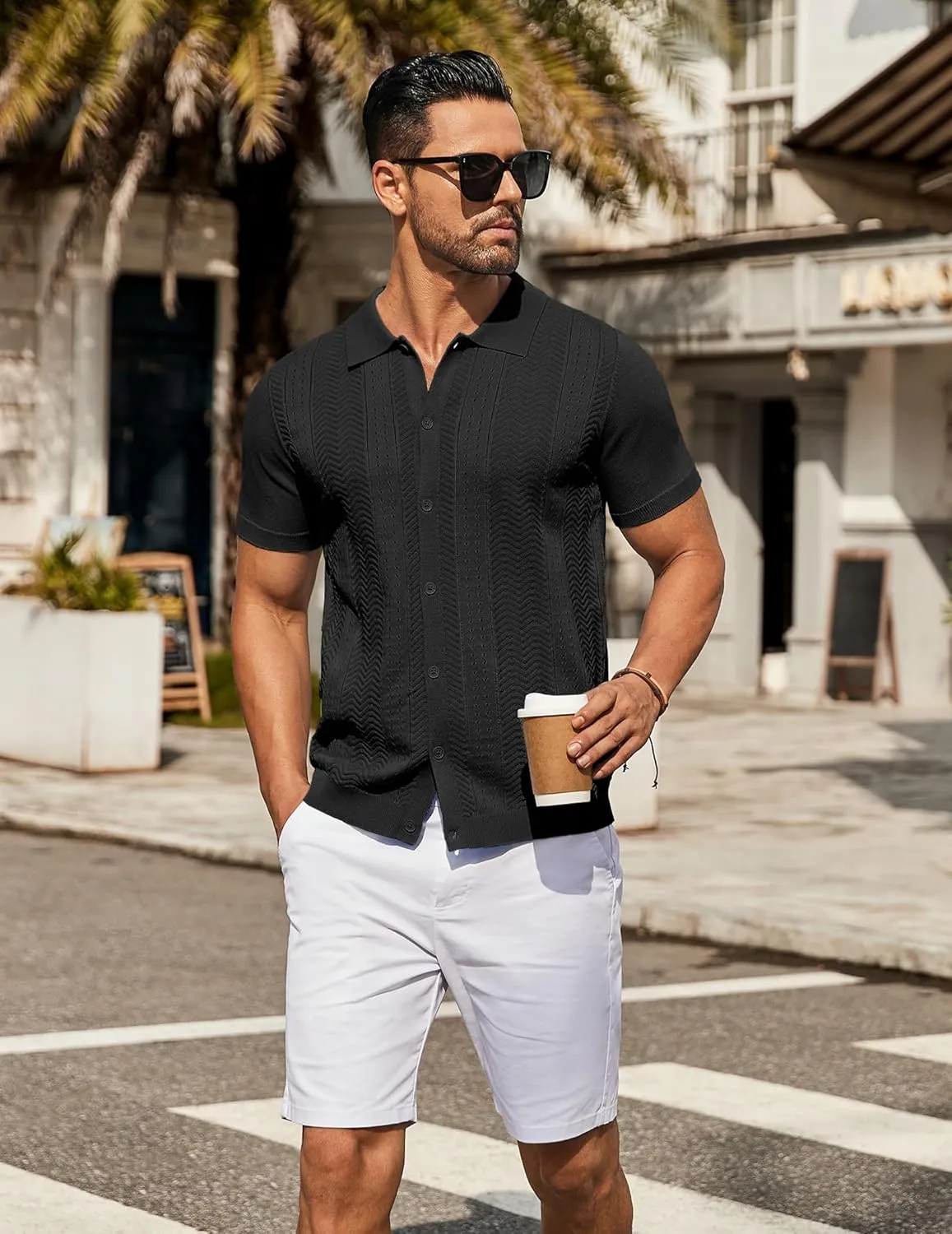COOFANDY Mens Knit Button Down Shirt Short Sleeve Summer Casual Shirts Vintage Beach Vacation Shirts
