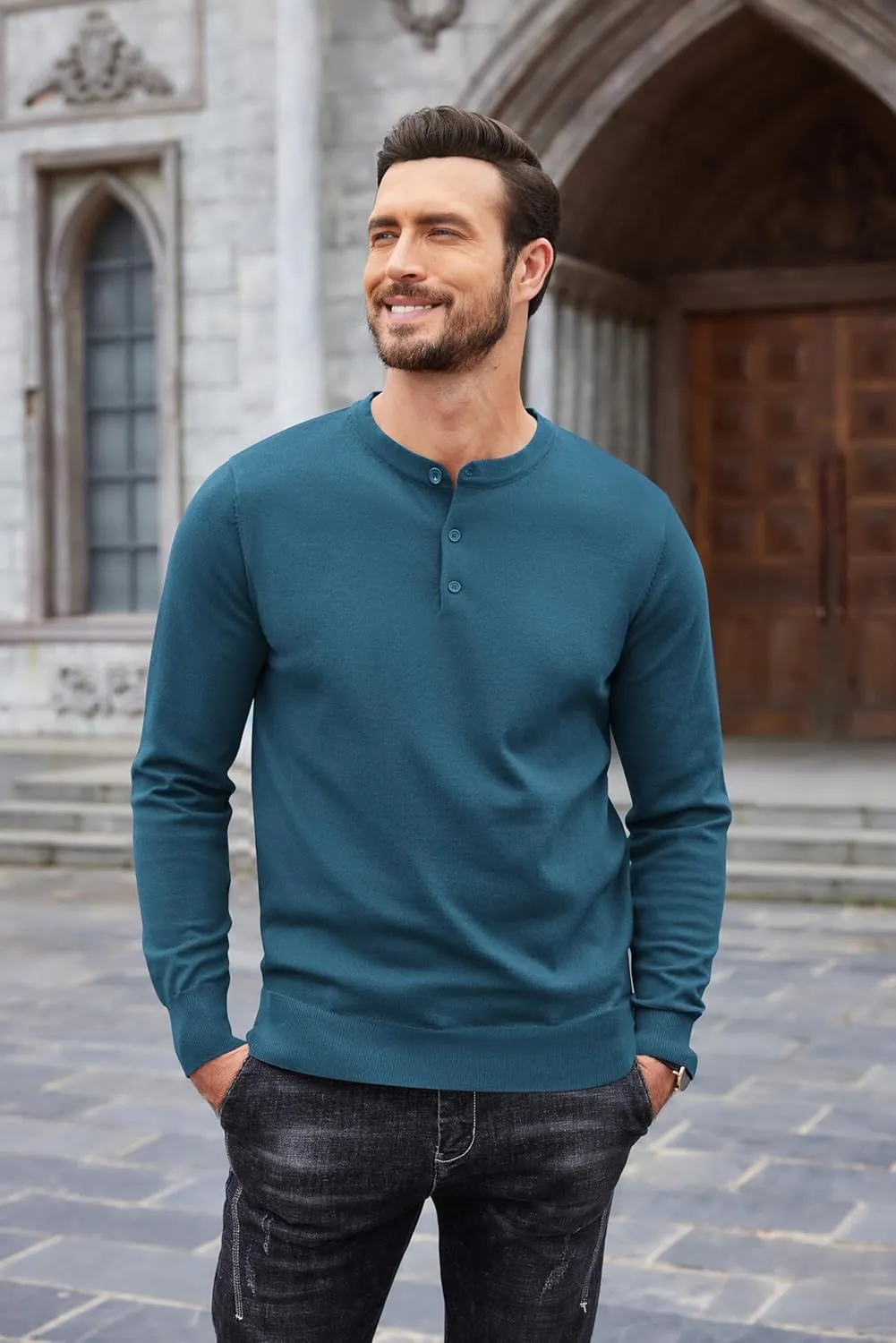 COOFANDY Men's Knit Henley Shirts Dress Long Sleeve Sweater Casual Collarless Quarter Button Pullover