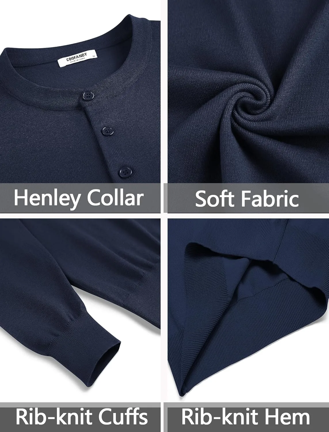 COOFANDY Men's Knit Henley Shirts Dress Long Sleeve Sweater Casual Collarless Quarter Button Pullover