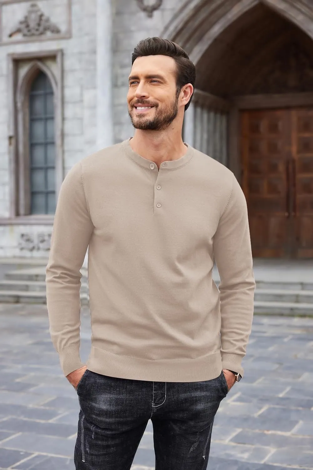 COOFANDY Men's Knit Henley Shirts Dress Long Sleeve Sweater Casual Collarless Quarter Button Pullover