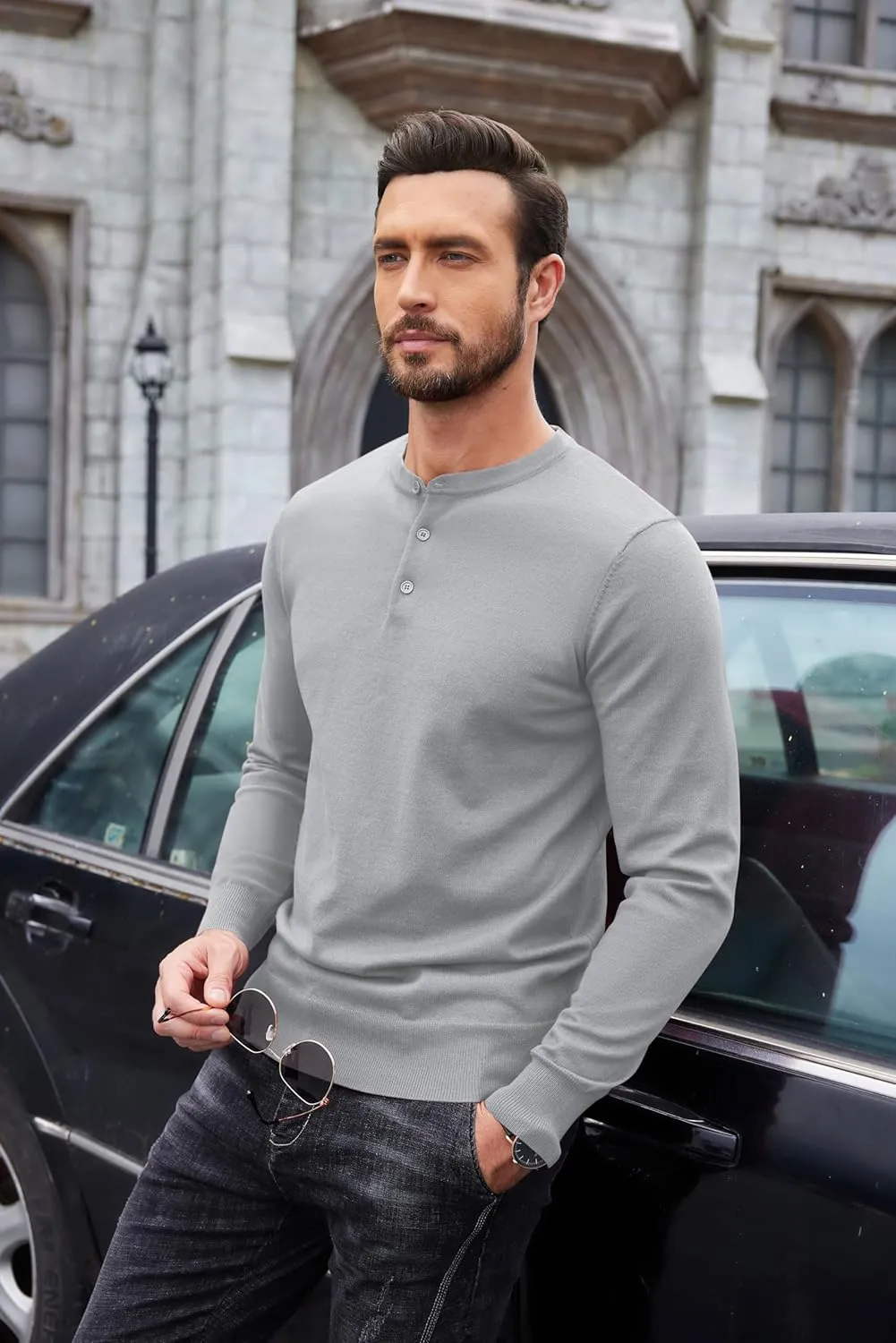 COOFANDY Men's Knit Henley Shirts Dress Long Sleeve Sweater Casual Collarless Quarter Button Pullover