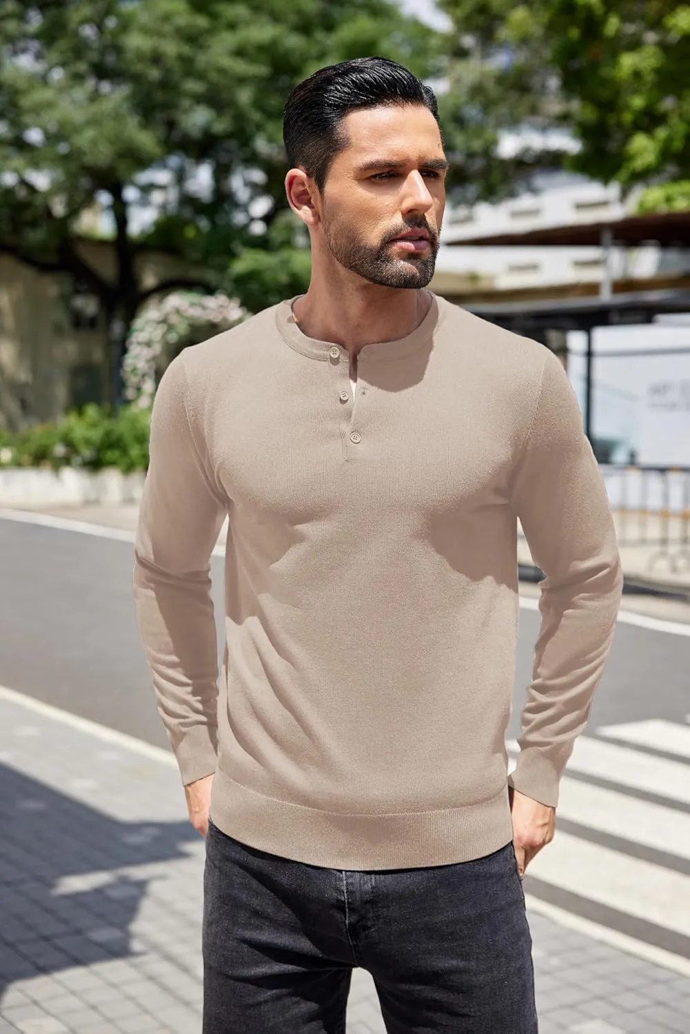 COOFANDY Men's Knit Henley Shirts Dress Long Sleeve Sweater Casual Collarless Quarter Button Pullover