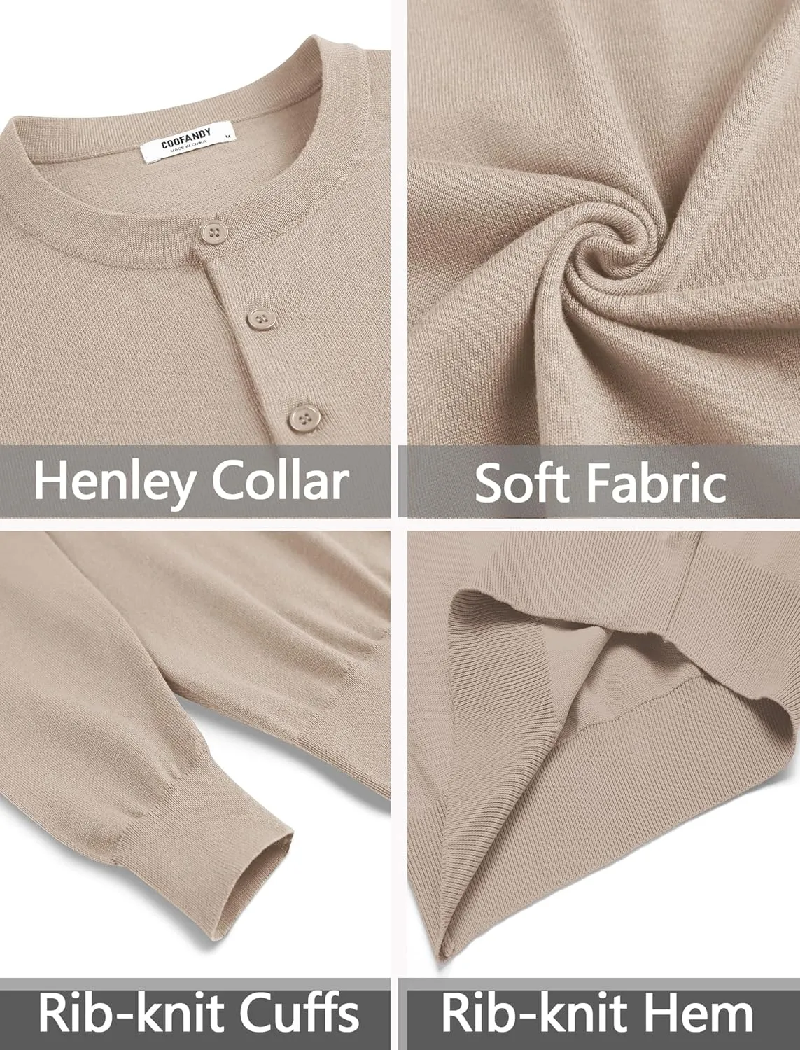 COOFANDY Men's Knit Henley Shirts Dress Long Sleeve Sweater Casual Collarless Quarter Button Pullover