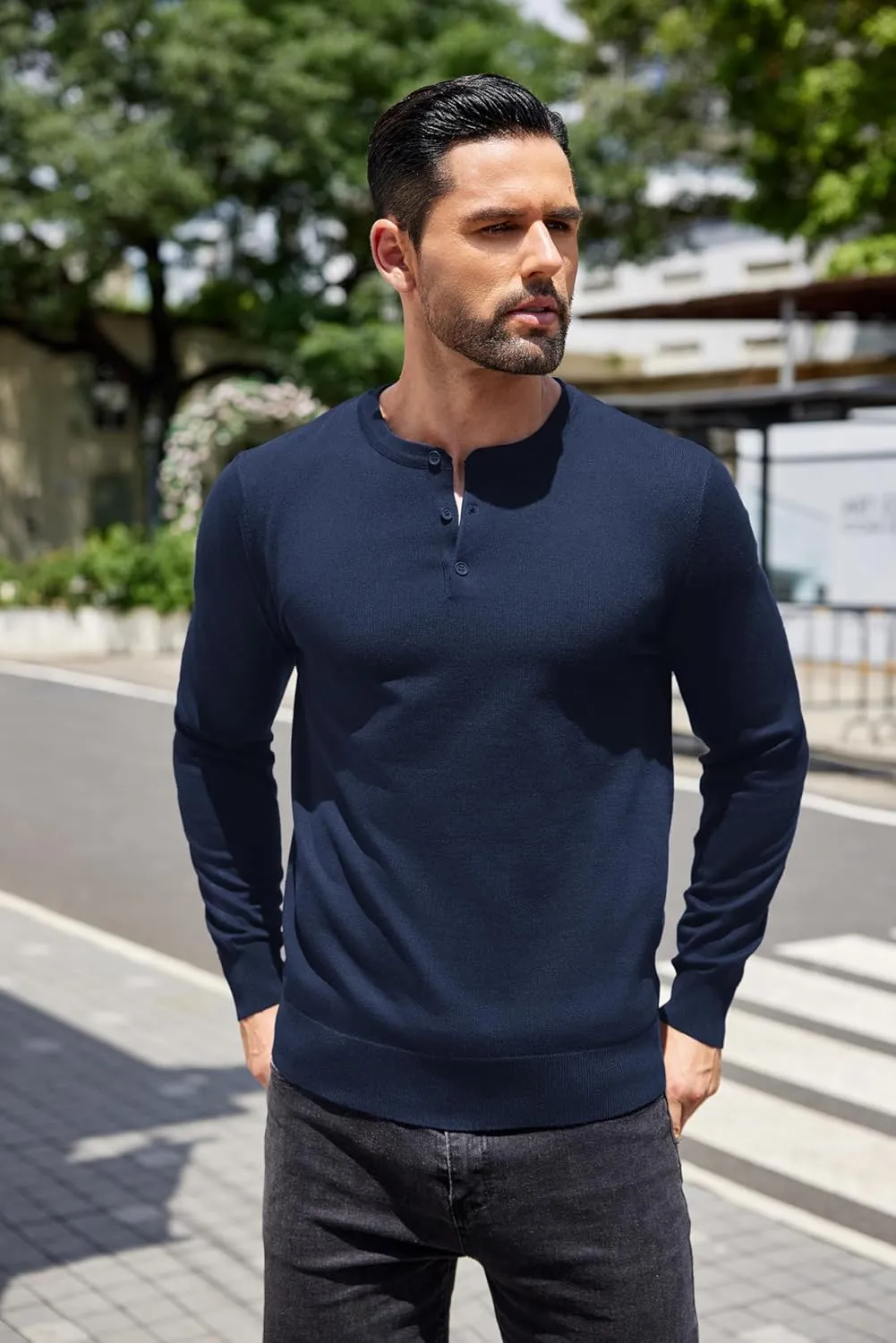 COOFANDY Men's Knit Henley Shirts Dress Long Sleeve Sweater Casual Collarless Quarter Button Pullover