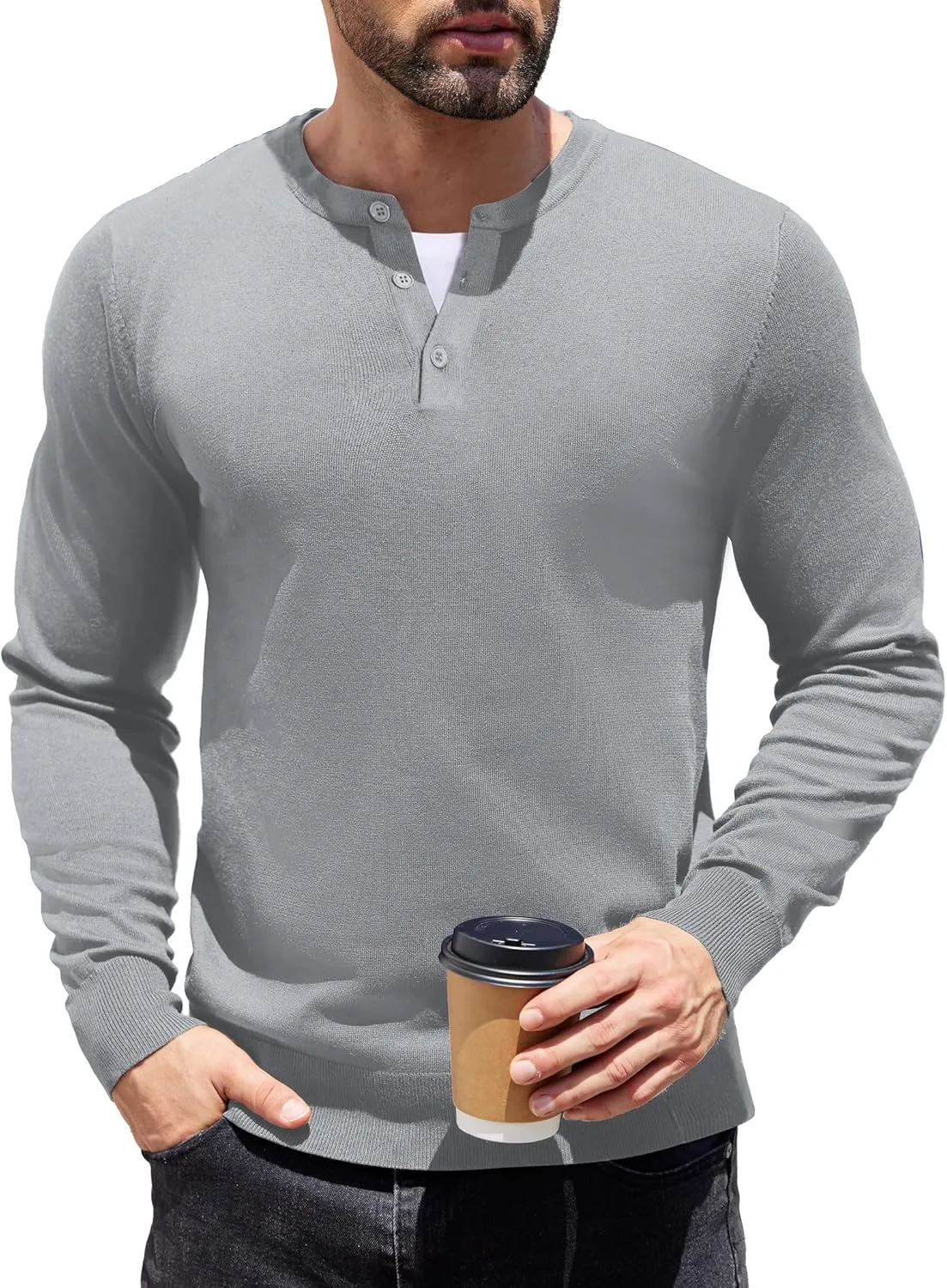 COOFANDY Men's Knit Henley Shirts Dress Long Sleeve Sweater Casual Collarless Quarter Button Pullover