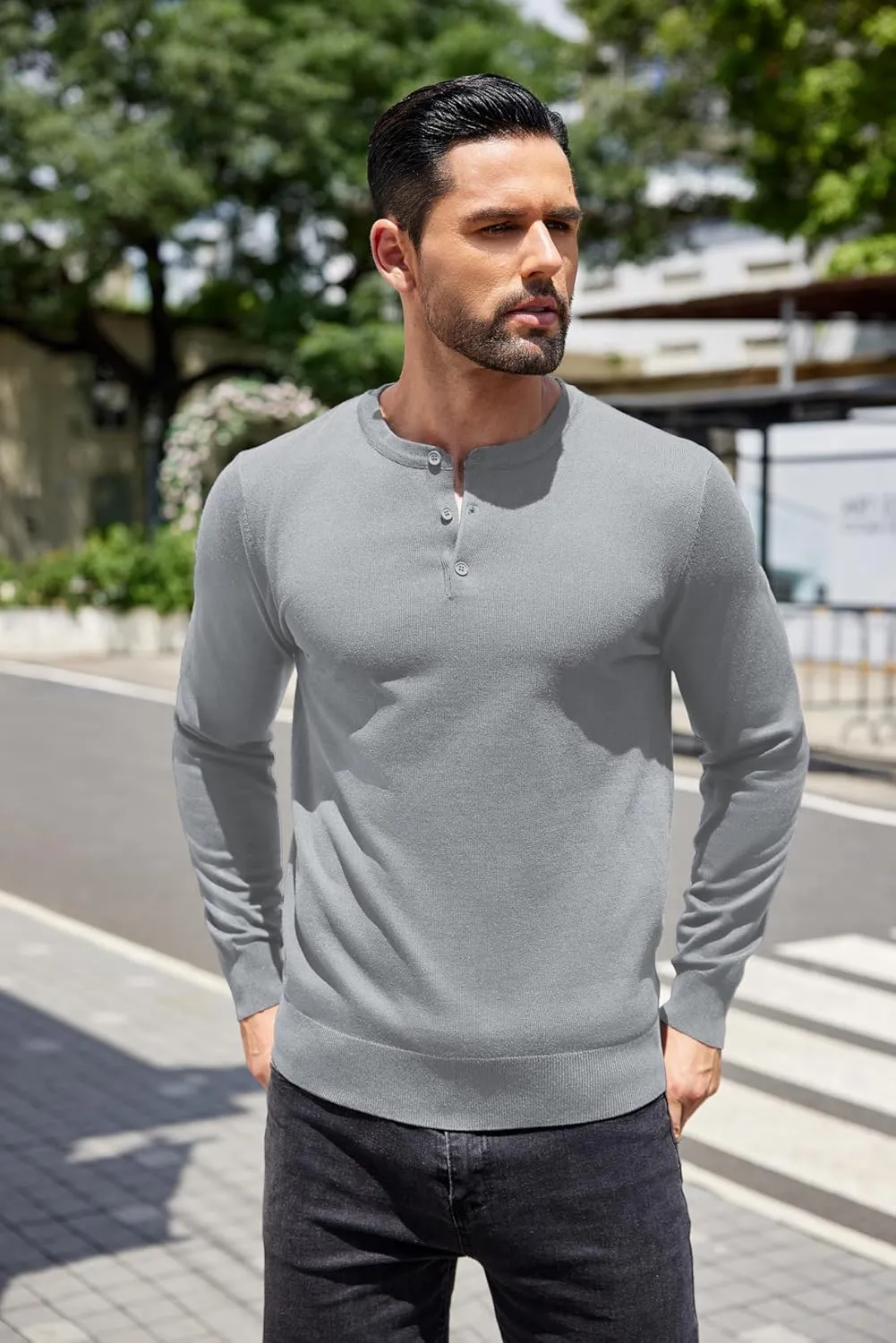 COOFANDY Men's Knit Henley Shirts Dress Long Sleeve Sweater Casual Collarless Quarter Button Pullover