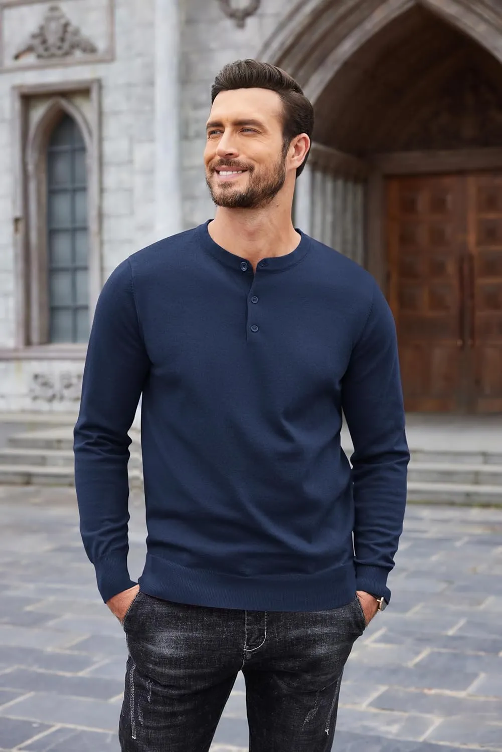 COOFANDY Men's Knit Henley Shirts Dress Long Sleeve Sweater Casual Collarless Quarter Button Pullover