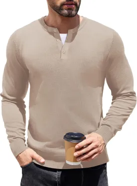 COOFANDY Men's Knit Henley Shirts Dress Long Sleeve Sweater Casual Collarless Quarter Button Pullover