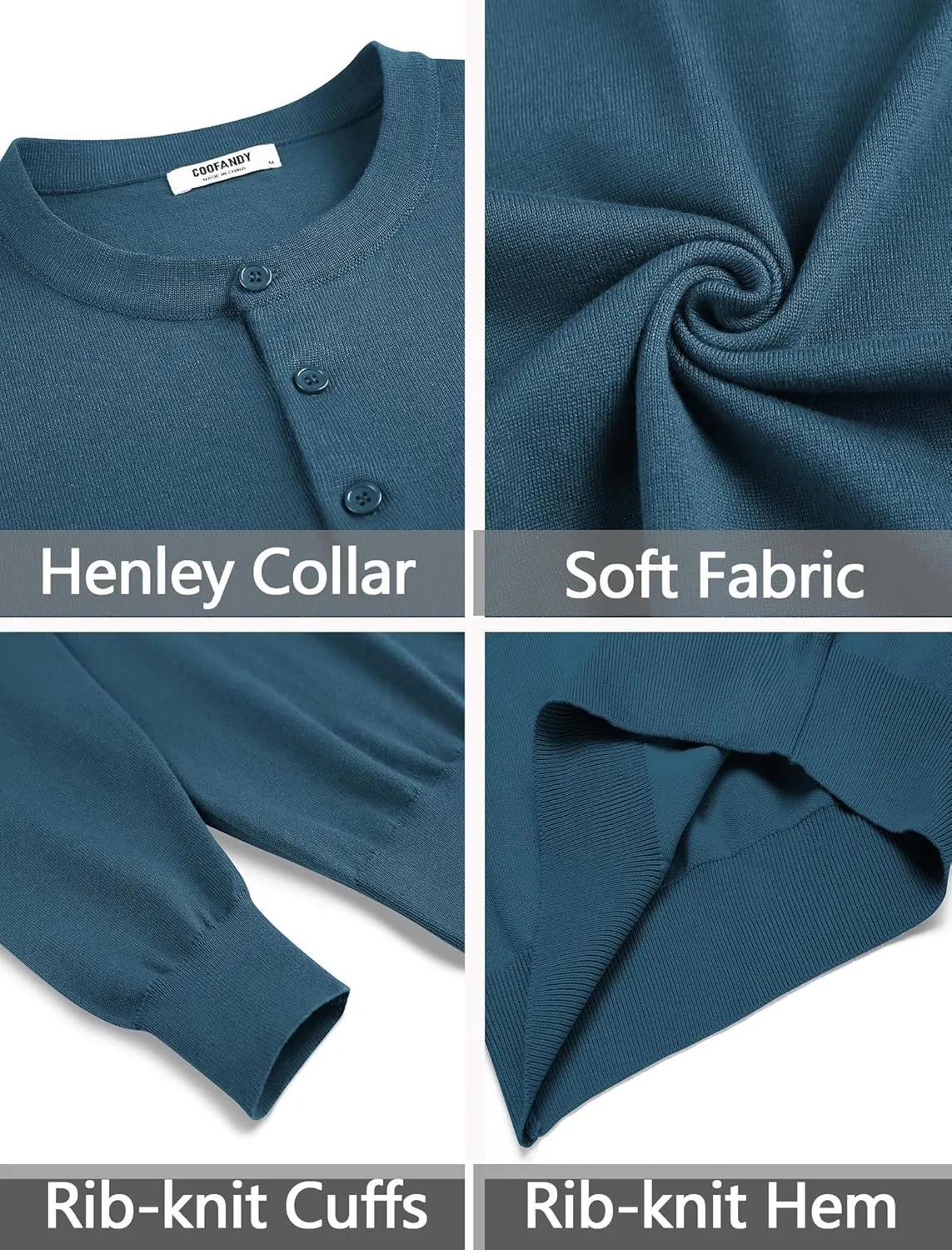 COOFANDY Men's Knit Henley Shirts Dress Long Sleeve Sweater Casual Collarless Quarter Button Pullover
