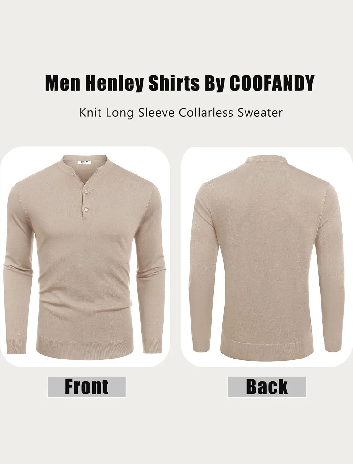 COOFANDY Men's Knit Henley Shirts Dress Long Sleeve Sweater Casual Collarless Quarter Button Pullover