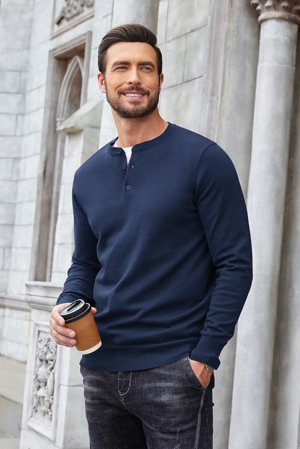 COOFANDY Men's Knit Henley Shirts Dress Long Sleeve Sweater Casual Collarless Quarter Button Pullover