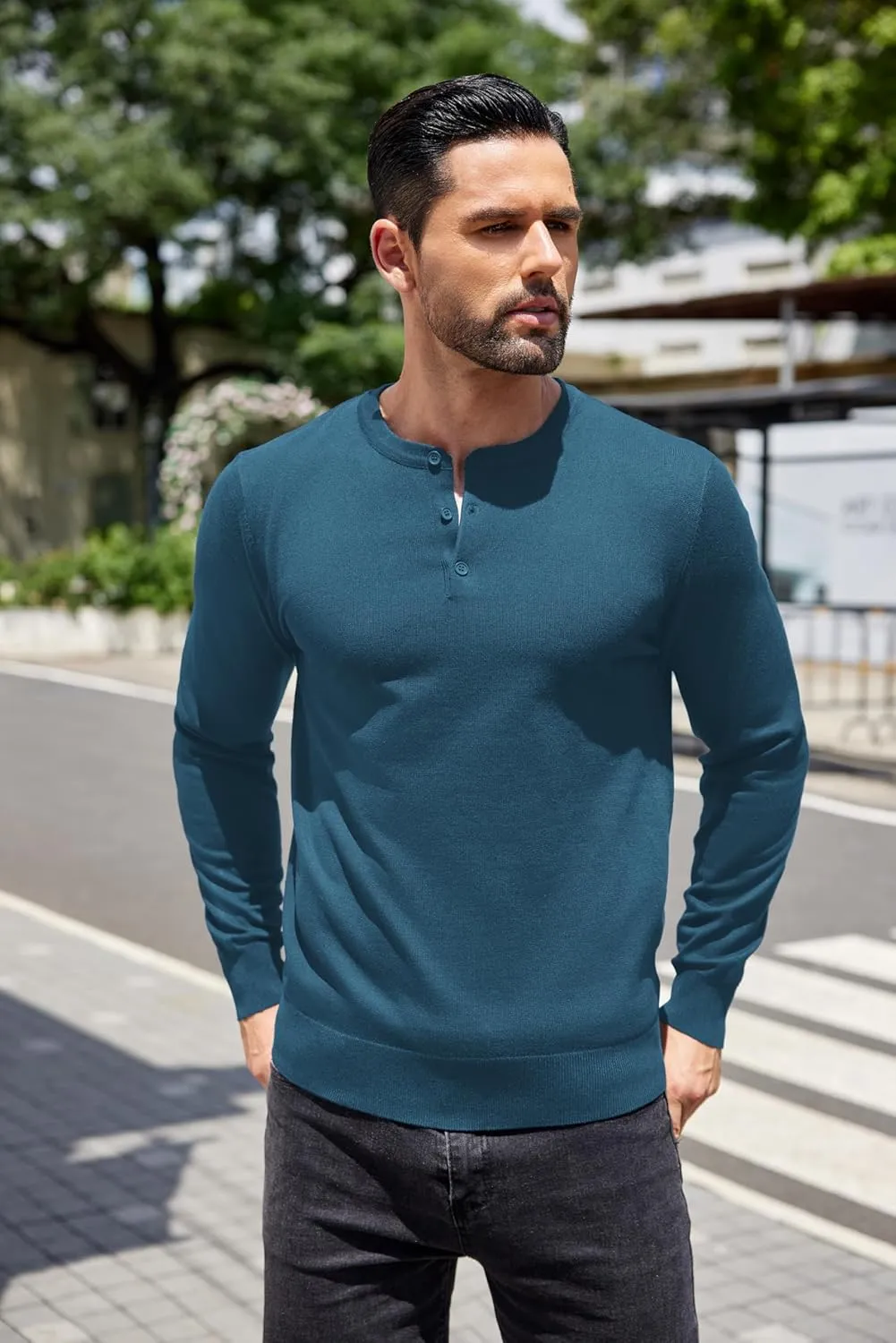 COOFANDY Men's Knit Henley Shirts Dress Long Sleeve Sweater Casual Collarless Quarter Button Pullover