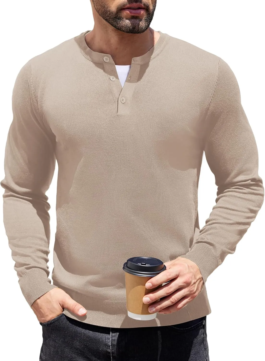 COOFANDY Men's Knit Henley Shirts Dress Long Sleeve Sweater Casual Collarless Quarter Button Pullover