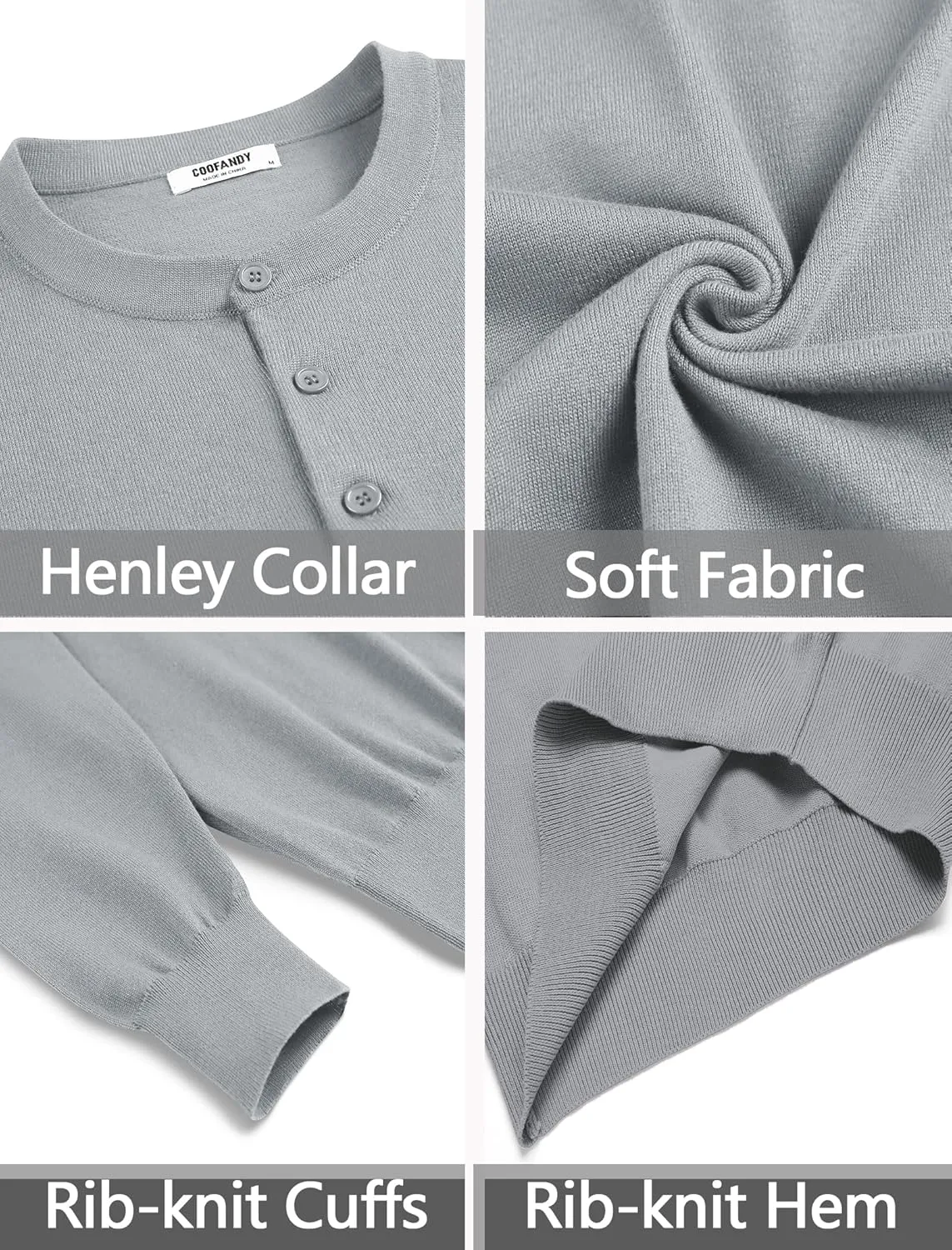 COOFANDY Men's Knit Henley Shirts Dress Long Sleeve Sweater Casual Collarless Quarter Button Pullover