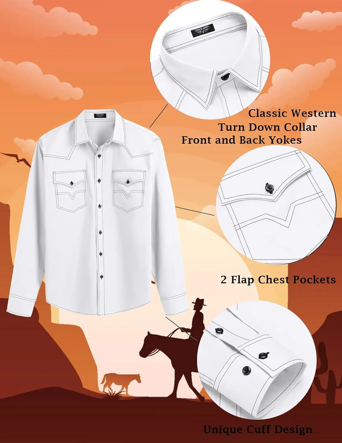COOFANDY Men's Western Cowboy Shirts Long Sleeve Cotton Casual Button Down Work Shirt with Pockets