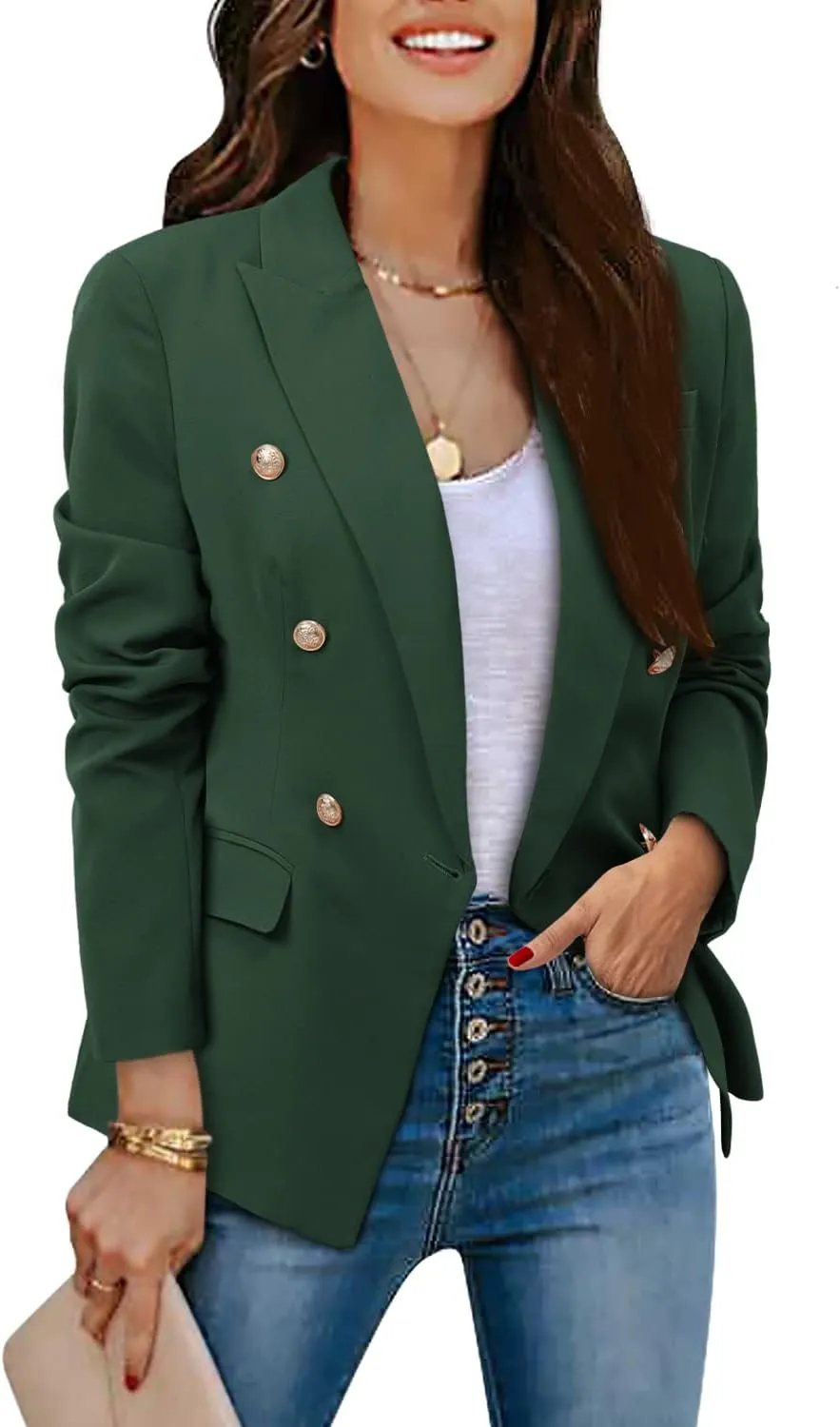 CRAZY GRID Womens Casual Blazer Jacket Gold Button Long Sleeve Work 0ffice Blazer Lapel Open Front Jacket