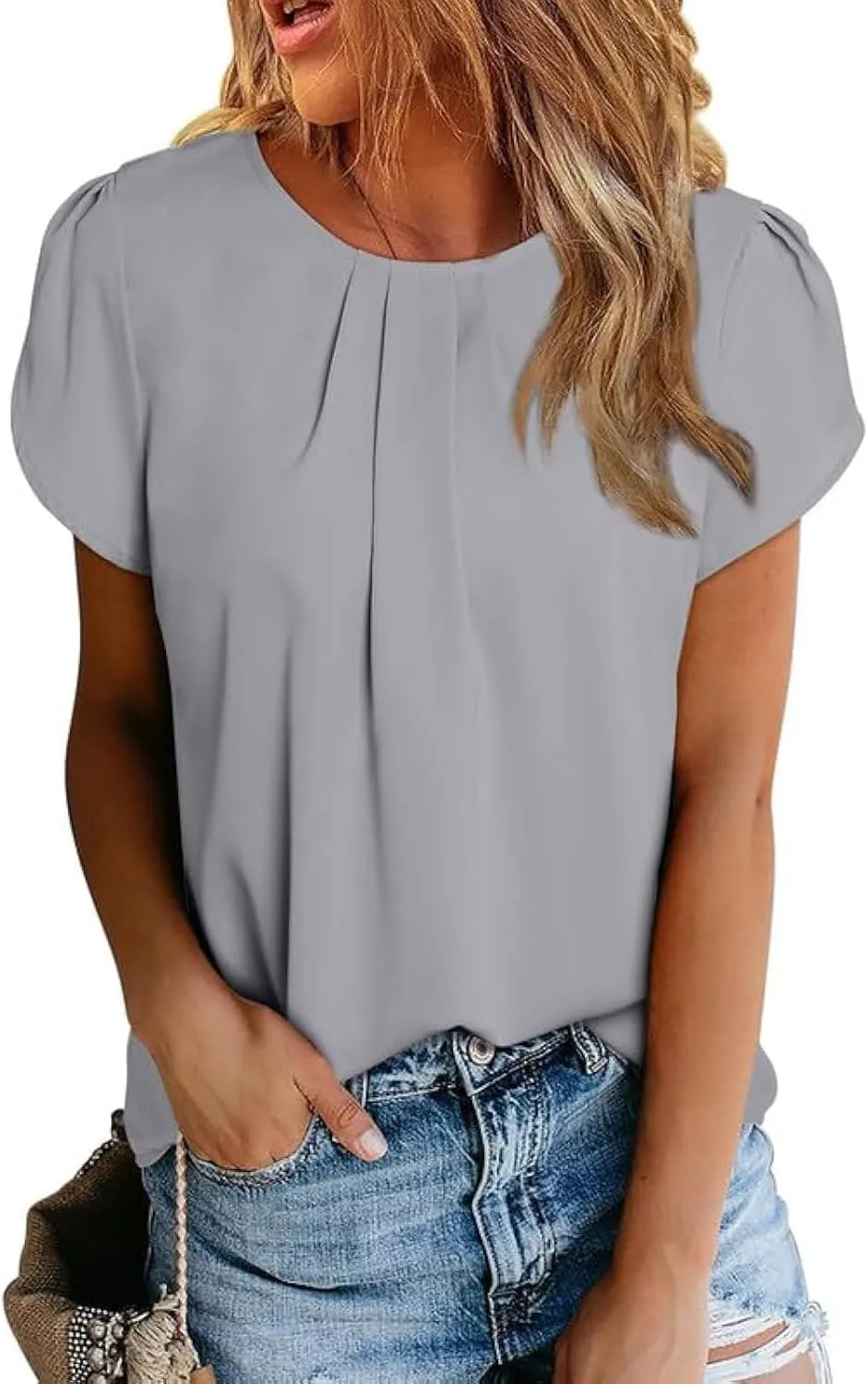 Dokotoo Women's Casual Round Neck Basic Pleated Tops Short Sleeve Loose Fit Curved Keyhole Back Chiffon Blouses Tshirts