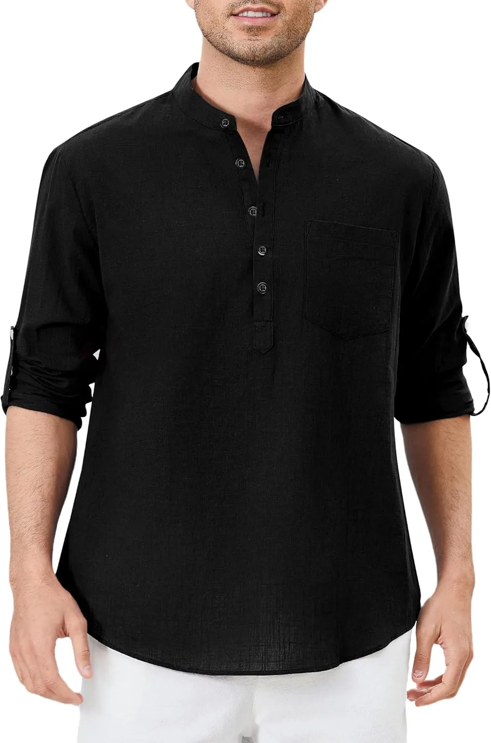 Enlision Mens Cotton Linen Henley Shirts Casual Long Sleeve Summer Beach Shirt Hawaii Hippie Button Down T-Shirt for Men