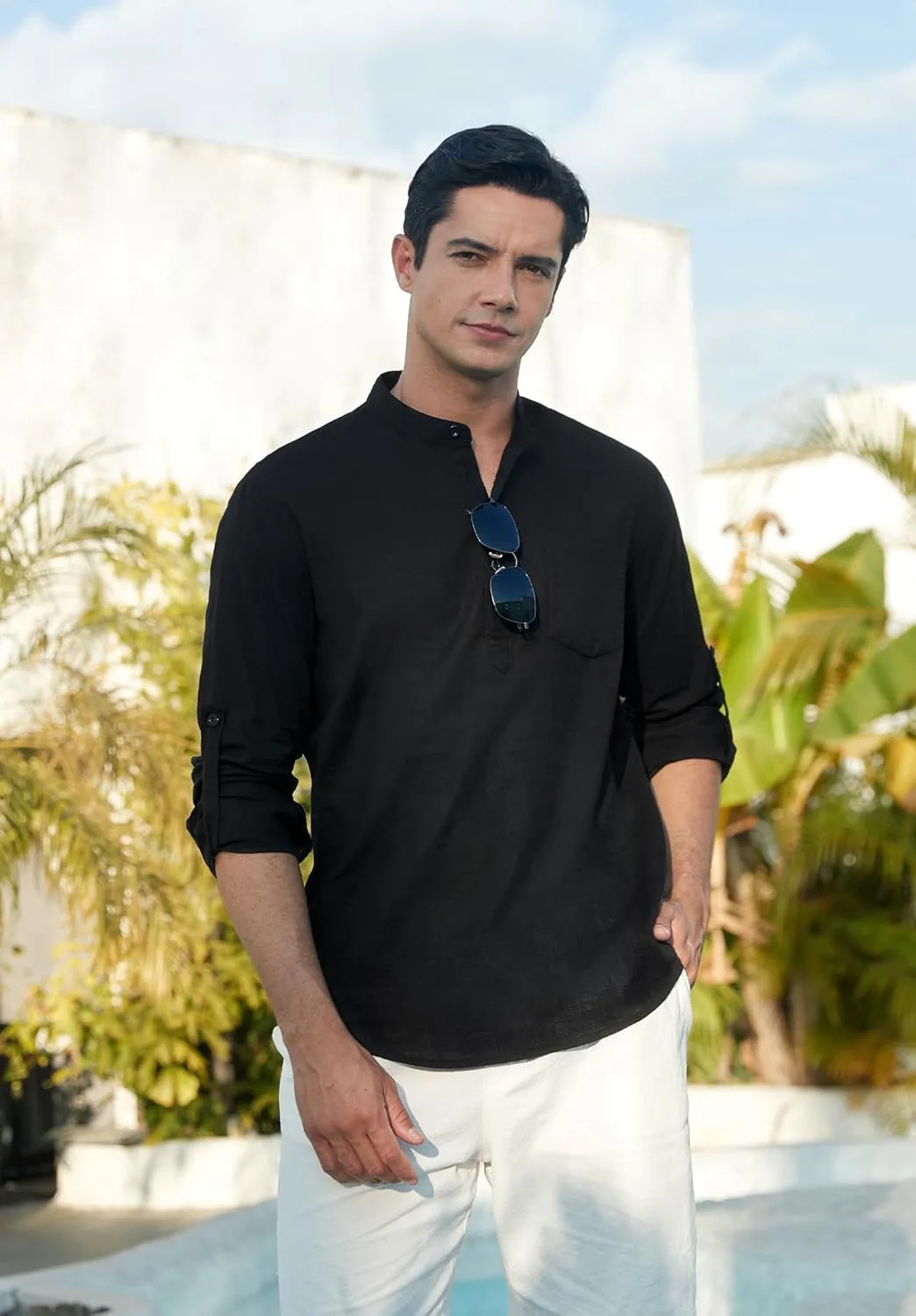 Enlision Mens Cotton Linen Henley Shirts Casual Long Sleeve Summer Beach Shirt Hawaii Hippie Button Down T-Shirt for Men