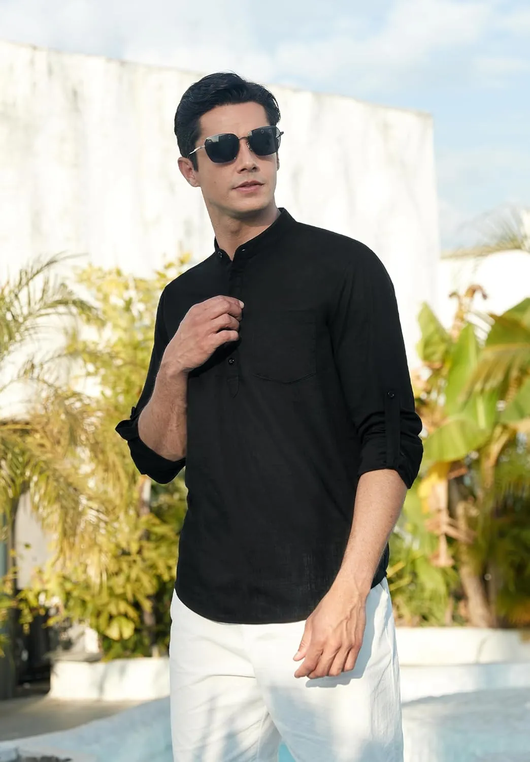 Enlision Mens Cotton Linen Henley Shirts Casual Long Sleeve Summer Beach Shirt Hawaii Hippie Button Down T-Shirt for Men