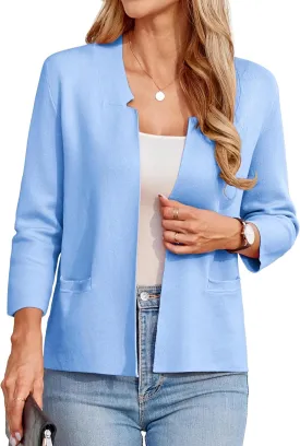 GRACE KARIN Women Sweater Blazer 3/4 Sleeve Cropped Cardigan Lightweight Notch Collar Knit Blazer Jacket Business Casual