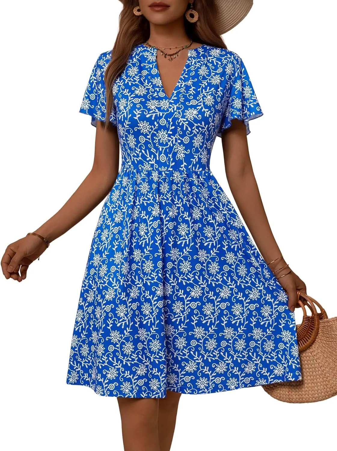 GUBERRY Womens Summer Dresses Henley V Neck Ruffle Sleeve A Line Causal Floral Midi Sundresses with Pockets