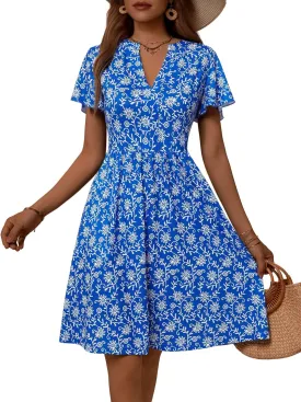GUBERRY Womens Summer Dresses Henley V Neck Ruffle Sleeve A Line Causal Floral Midi Sundresses with Pockets