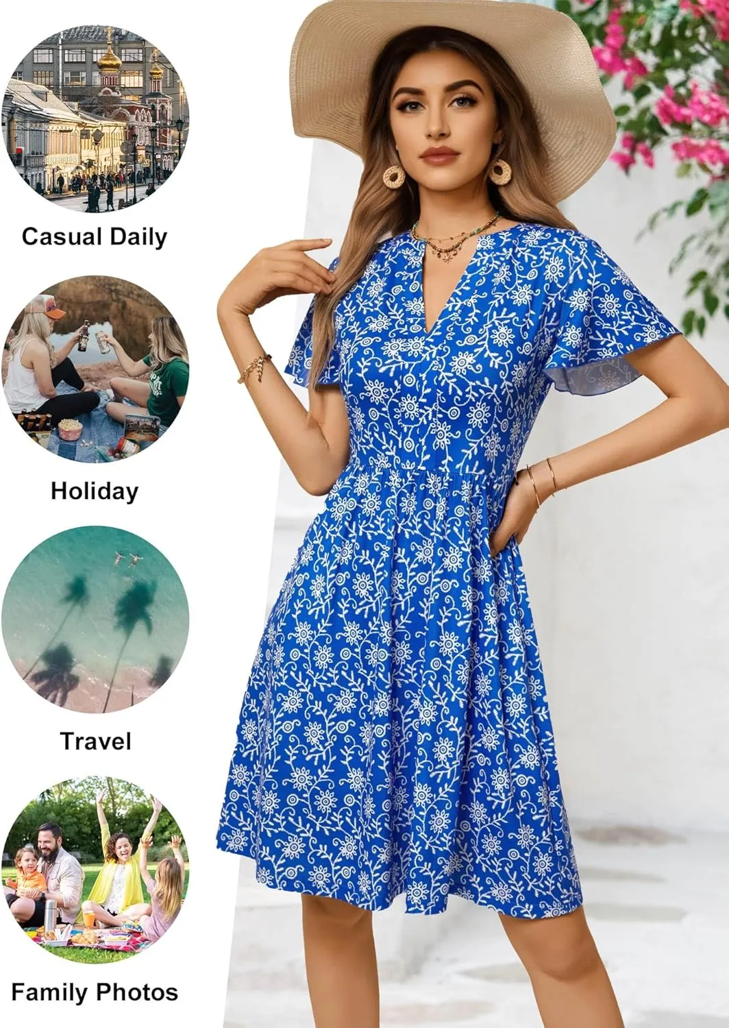 GUBERRY Womens Summer Dresses Henley V Neck Ruffle Sleeve A Line Causal Floral Midi Sundresses with Pockets