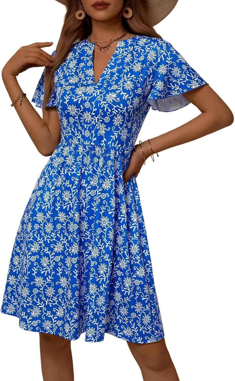 GUBERRY Womens Summer Dresses Henley V Neck Ruffle Sleeve A Line Causal Floral Midi Sundresses with Pockets