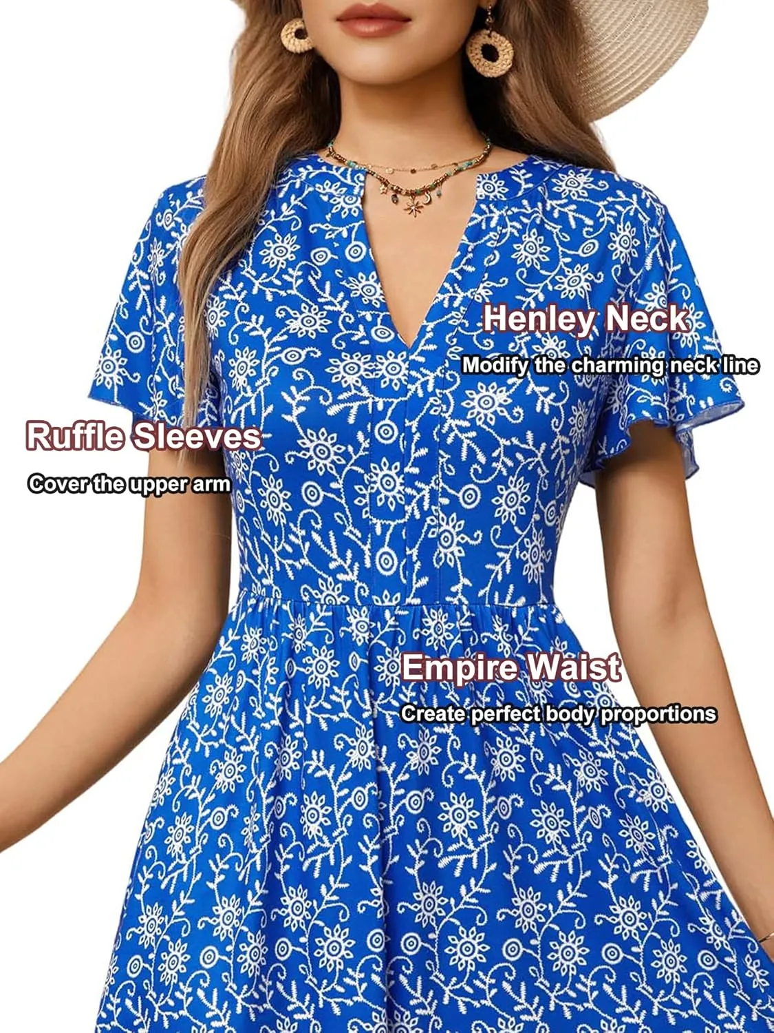 GUBERRY Womens Summer Dresses Henley V Neck Ruffle Sleeve A Line Causal Floral Midi Sundresses with Pockets