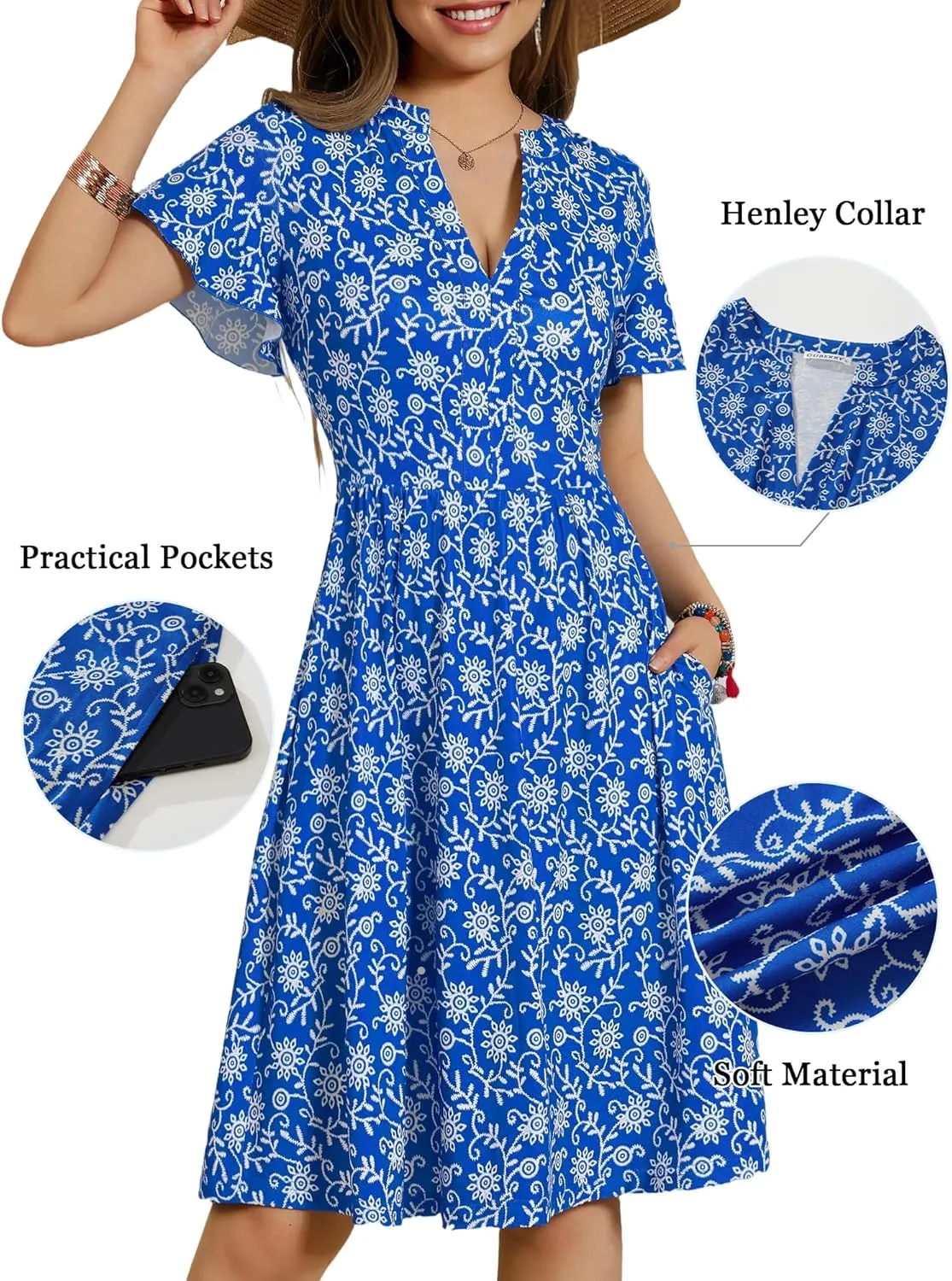 GUBERRY Womens Summer Dresses Henley V Neck Ruffle Sleeve A Line Causal Floral Midi Sundresses with Pockets