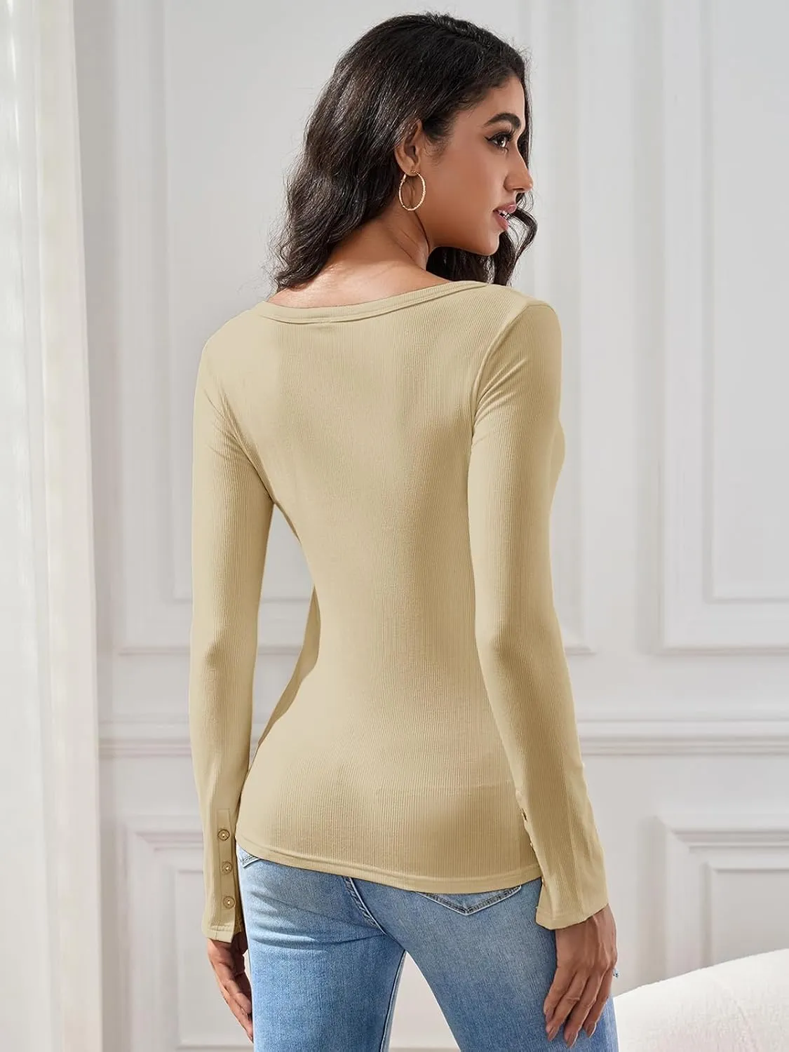 HDLTE Women's Henley Shirts 2025 Long Sleeve Casual Fall Top Button Ribbed Knit Basic Blouses
