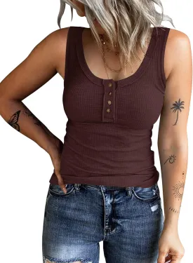 KINLONSAIR Women's Sleeveless Henley Tank Tops Ribbed V Neck Button Down T Shirts Summer Slim Fit Tee Tops