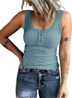 KINLONSAIR Women's Sleeveless Henley Tank Tops Ribbed V Neck Button Down T Shirts Summer Slim Fit Tee Tops