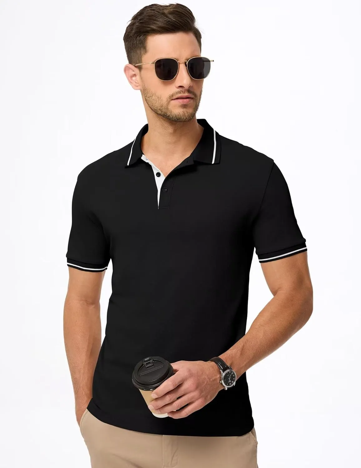 Men's Polo Shirts Classic Fit Button Up Short Sleeve Basic Cotton Tees Golf Work Tops