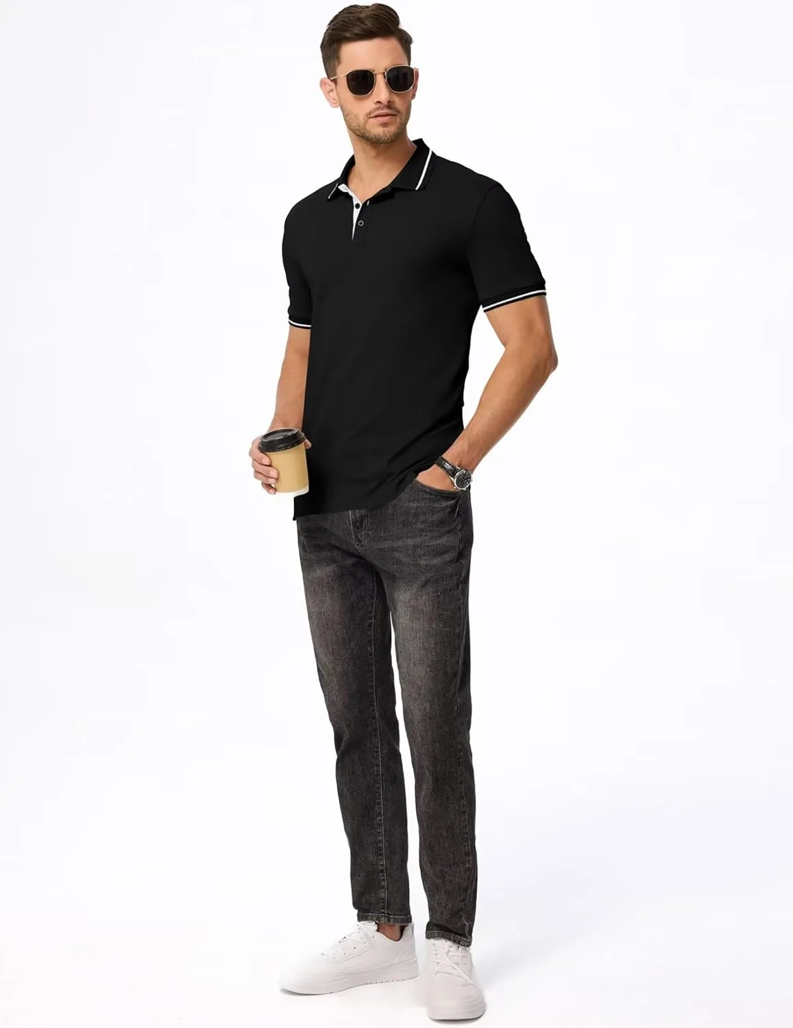 Men's Polo Shirts Classic Fit Button Up Short Sleeve Basic Cotton Tees Golf Work Tops