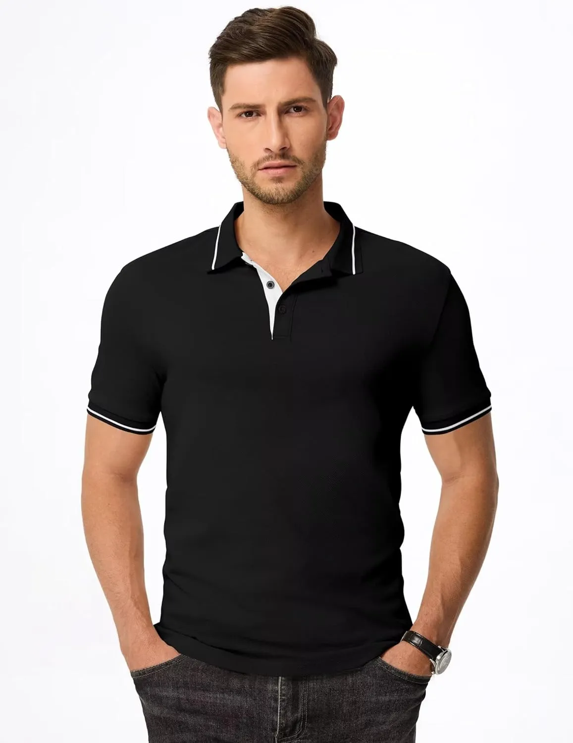Men's Polo Shirts Classic Fit Button Up Short Sleeve Basic Cotton Tees Golf Work Tops