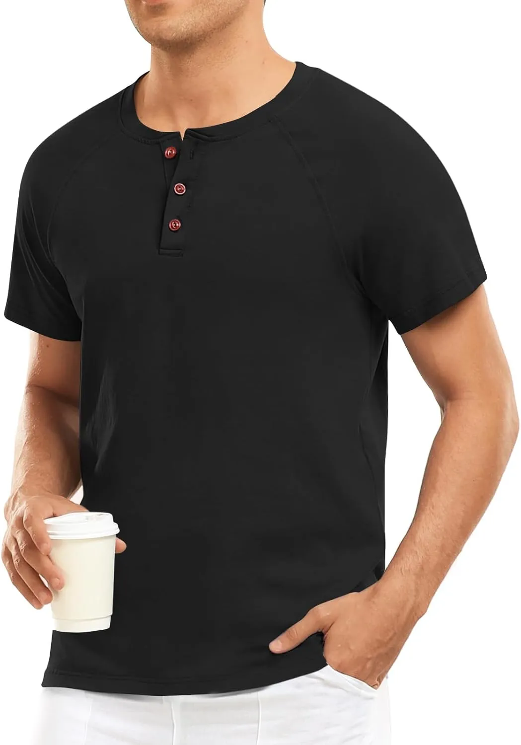 Men's Summer Polo Shirts Short Sleeve Cotton Casual Henley T-Shirts Button Raglan Sleeve Tees