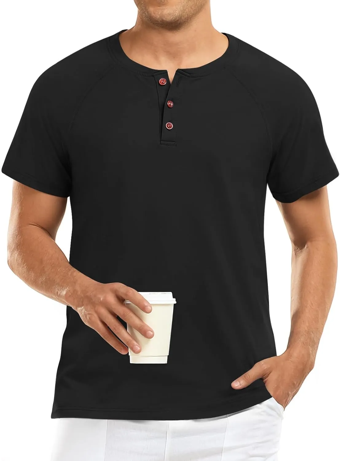 Men's Summer Polo Shirts Short Sleeve Cotton Casual Henley T-Shirts Button Raglan Sleeve Tees