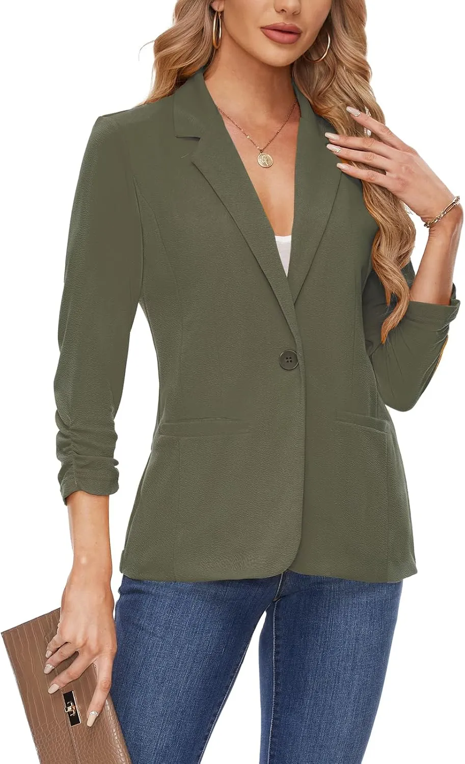 MINTLIMIT Women's Casual Blazer 3/4 Ruched Sleeve Open Front Button Work Office Blazer Jackets with Pockets