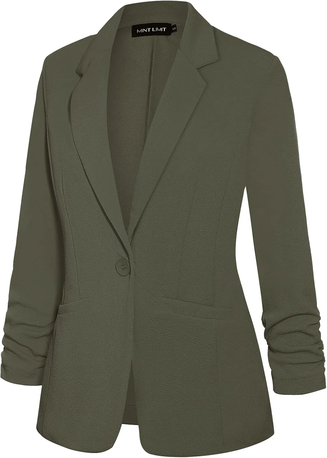 MINTLIMIT Women's Casual Blazer 3/4 Ruched Sleeve Open Front Button Work Office Blazer Jackets with Pockets