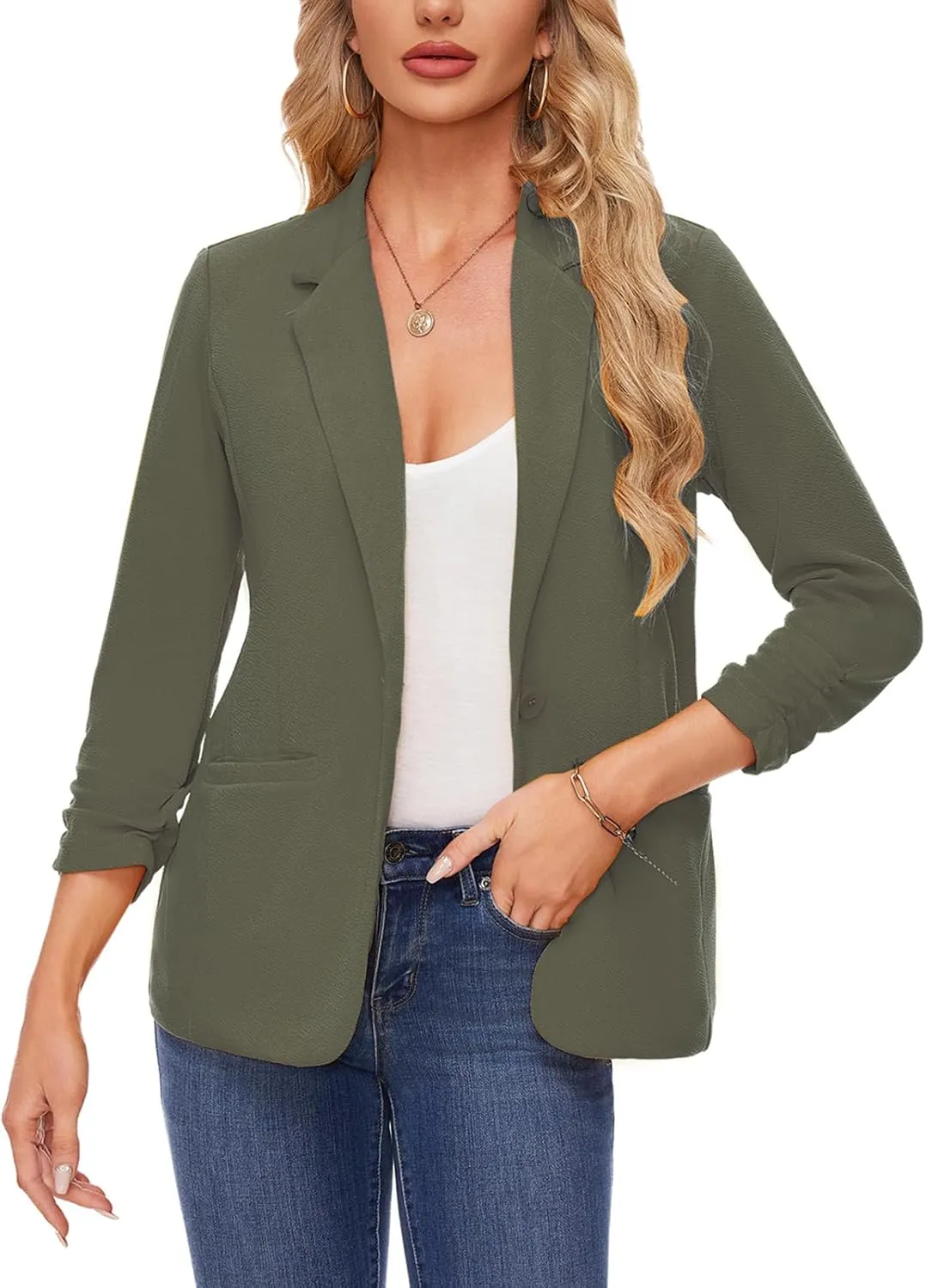 MINTLIMIT Women's Casual Blazer 3/4 Ruched Sleeve Open Front Button Work Office Blazer Jackets with Pockets
