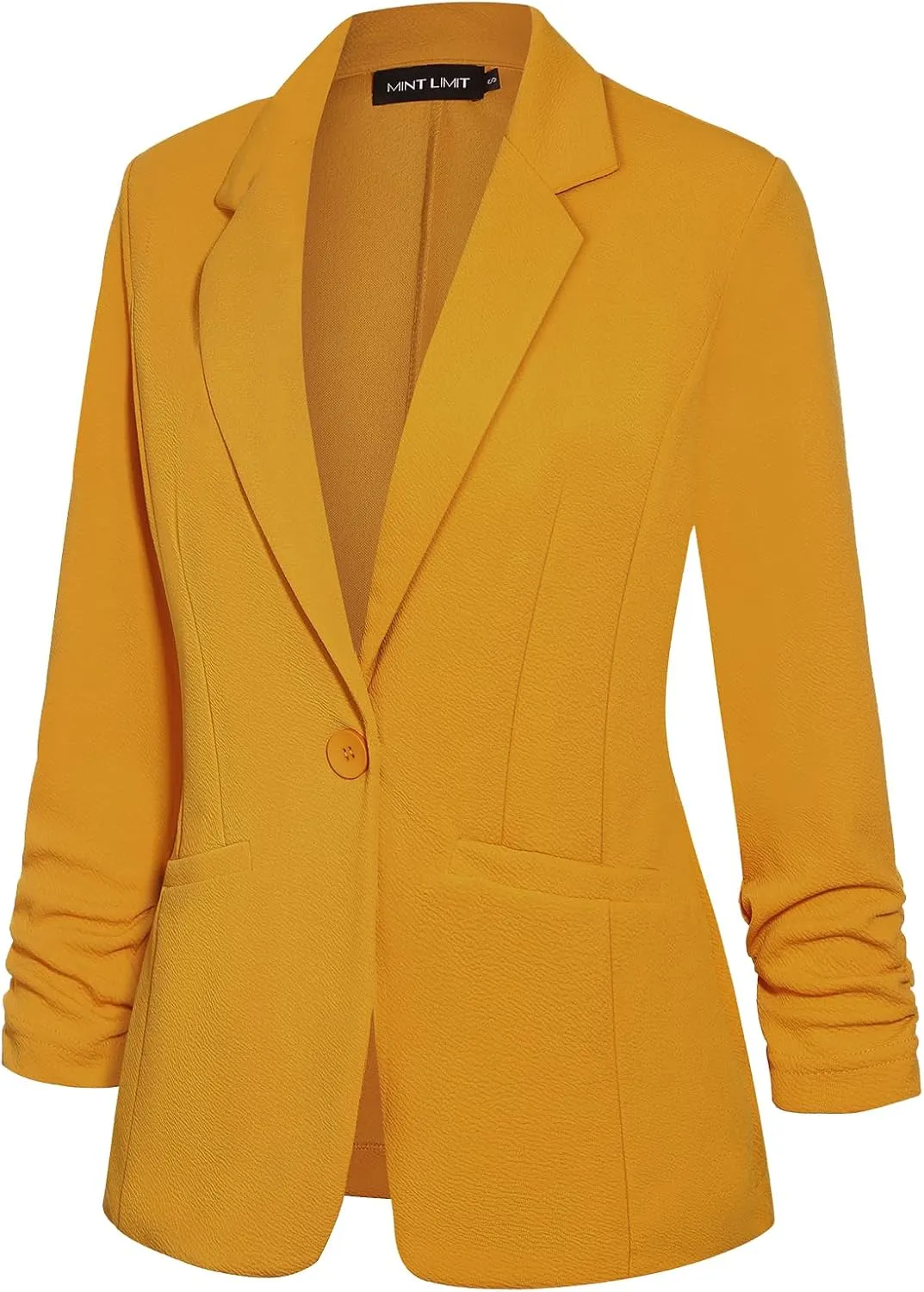 MINTLIMIT Women's Casual Blazer 3/4 Ruched Sleeve Open Front Button Work Office Blazer Jackets with Pockets
